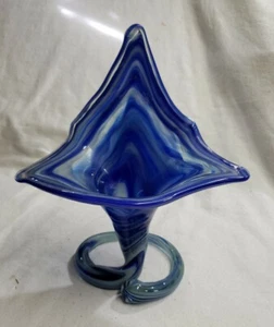 Vintage Hand Blown Art Glass SOONER? Trumpet Coil Vase Blue Swirl 822 - Picture 1 of 7