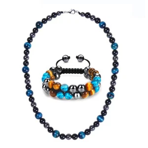 Blue Tiger Eye Set Men Triple Protection Necklace Hematite Obsidian Bracelets - Picture 1 of 43