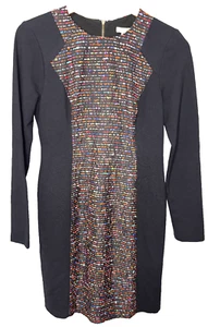 Shoshanna Long Sleeve Ponte Sheath Dress 4 Black Rainbow Boucle Knit Panel Zip - Picture 1 of 4