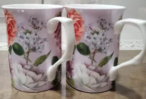 Set of 2 Stechcol Gracie Bone China Mugs "LAVENDER MULTICOLOR FLOWERS" 9 oz each - Picture 1 of 13