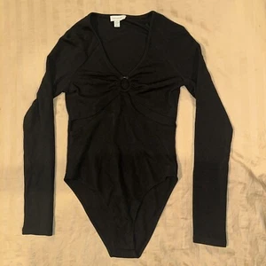 Topshop Bodysuit Womens 4/6 Small Long Sleeve Ribbed V-neck Keyhole Cutout Black - Picture 1 of 12