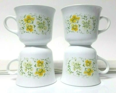 4 TAZAS/tazas de té ABRIL, CORELLE de Corning 8 oz floral amarillo/verde, BUENO/IMPERFECTO Foto 1 de 4