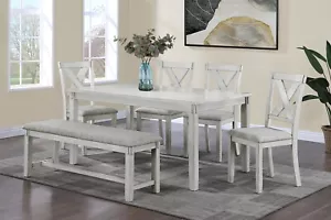 Gray Driftwood Finish Rustic Farmhouse 6pc Dining Room Set Table Chair Bench - Picture 1 of 9