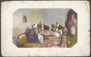 Impresión grabada de acero coloreada del siglo XIX para hombres de Oriente Medio en la cena - Imagen 1 de 1