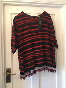 New DKNY Donna Karan Black & Rust Red Striped Silk Mix Beaded Box Summer Top,M - Picture 1 of 10