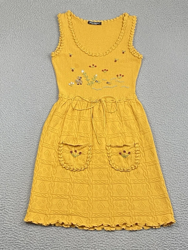 BETSEY JOHNSON Yellow Gold Floral Embroidered Knit Babydoll Dress Sz XS Y2K VTG - Image 1 of 4