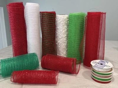 Lot of Red Green & White Craft Ribbon 10" Mesh 6" mesh Deco Mesh Metallic Snow - Image 1 of 4