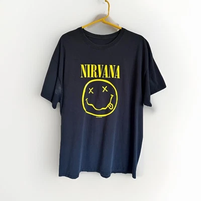 Vintage 90s Nirvana 1992 Smiley T-Shirt Yellow Black 2-sided Grunge Kobain L/XL - Image 1 of 4