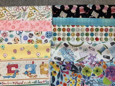 Sewing Theme fabric scraps buttons thread 9" x 21" lot of 10 - Image 1 of 3