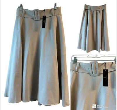 Tahari NWT Tan Linen Blend A-line Midi Skirt With Belt Size Large - Image 1 of 4