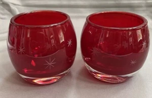 Vintage 2 rubinrot poliertes Glas handgeschliffen auf klare Atomsterne Votivkerzenhalter - Bild 1 von 12