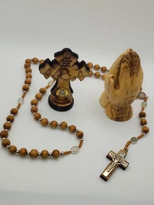 Holy Land Praying hands, Jerusalem Rosary, and Cross w/stand blessed bundle - Picture 1 of 4
