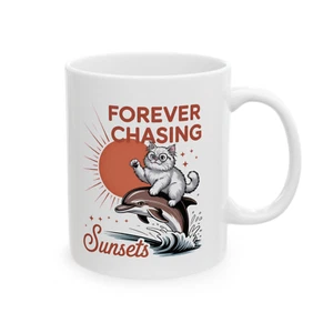 Summer Cat Mug Beach Surfing Cat Chasing Sunets Cat Lover Gift Coffee Cup - Picture 1 of 7