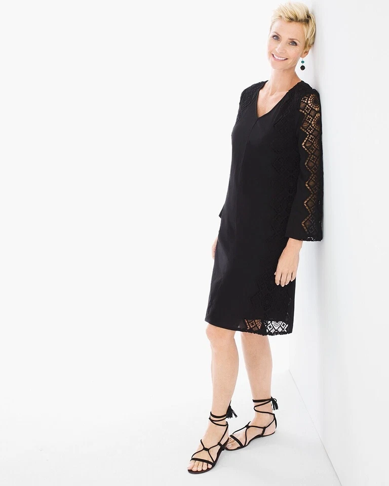 Vestido Chicos Shift Feminino 0.5 Preto Crochê Renda Lateral Decote V Manga Longa Algodão - Imagem 1 de 4