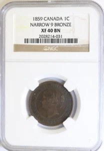 CANADA VICTORIA 1859 LARGE CENT CERTIFIED NGC XF40-BN, NARROW "9" - Picture 1 of 3