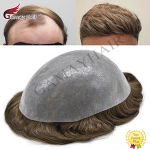 Mens Toupee Full Poly Hairpiece All Skin PU Human Hair Replacement System Wig US - Picture 1 of 85