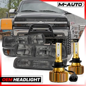 4PC LH+RH Smoke Headlight+6500K LED Bulb w/Bumper for 1999-2006 Silverado Tahoe - Picture 1 of 16