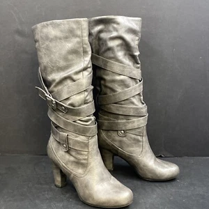 Mujeres Pinup Gris Imitación Cuero Vegano Botas Tacones Hasta la Rodilla 6M Retro - Imagen 1 de 10