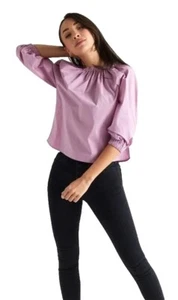 Downeast Sz L Women's Purple Crop Top Gathered Elastic Neck & Slvs Cotton Mauve - Picture 1 of 8