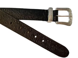 Liz Claiborne Western Black Leather Embossed Belt L 34 35 Leather Silver Buckle - Picture 1 of 12