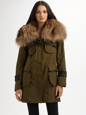 $1K Cynthia Steffe Military Green All Parka Jacket Fur Coat Saints Blogger Zara - Image 1 of 4