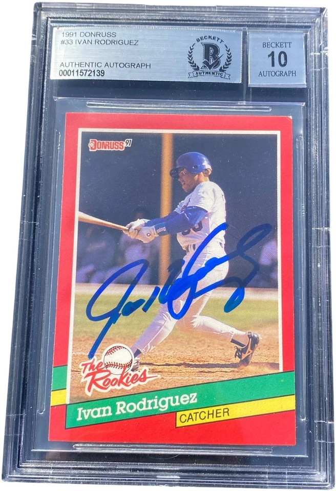 IVAN RODRIGUEZ SIGNED 1991 DONRUSS ROOKIE RC CARD #33 BECKETT BAS AUTO 10 - Image 1 of 1