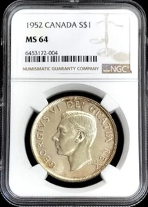 1952 SILVER CANADA $1 DOLLAR GEORGE VI COIN NGC MINT STATE 64 - Picture 1 of 2