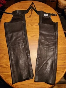 Schott-Fox Creek-USA-Heavy Brown Leather Chaps w/Brass Hardware. Sz L - EUC  - Bild 1 von 14