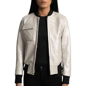 Women's Quilted Pocket Leather Bomber Jacket, White with Black Trim, Zip Front - Picture 1 of 5