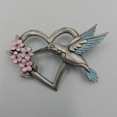 Broche/Pin Flor Corazón Floral Rosa Colibrí Azul Peltre JJ Jonette 1.4"x2.1" Foto 1 de 4