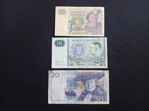 SWEDEN / SVERIGES 5 (1981) + 10 (1975) + 20 KRONOR Banknotes - Circulated - Picture 1 of 2