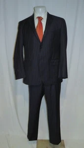Arthur & Fox Flat Front Navy Blue Pin Striped Two Button Suit 44R - Picture 1 of 18