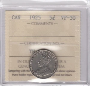 1925 Canada 5-cents Nickel Coin ICCS VF-30 Key Date - Picture 1 of 2