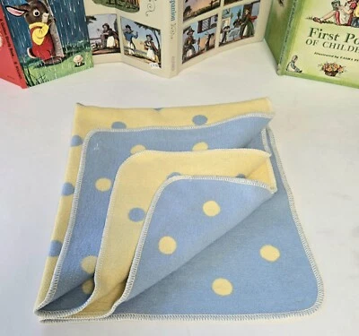 RARE David Fussenegger Baby Blanket Polka Dot Blue Yellow Made Austria Cotton Foto 1 de 4