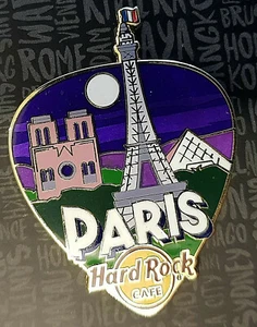 PARIS GREETINGS FROM NOTRE-DAME EIFFLE LOUVRE GUITAR PICK Hard Rock Cafe PIN - Picture 1 of 1