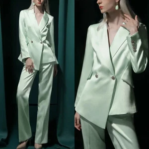 Women's Suit Rayon Peak Lapel Double Breasted Business Casual Pantsuits - Picture 1 of 10