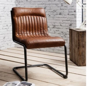 Real Genuine Leather Ribbed Brown Tan Dining Desk Office Occasional Accent Chair - Picture 1 of 1