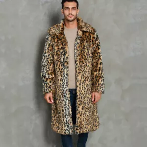 Men's Faux Fur Leopard Print Jacket Lapel Long Coat Winter Warm Overcoat Casual - Picture 1 of 18