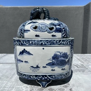 LARGE Antique Japanese Blue White Porcelain Koro Censer Dragon Landscape RARE - Picture 1 of 24