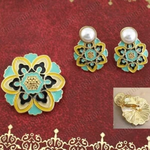 PENDIENTES CON CLIP estilo vintage y broche perla mandala azulejo esmalte dorado/negro/azul - Imagen 1 de 7