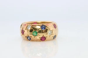 18k Confetti wide band. Diamond Ruby Sapphire Emerald Star Bezel Gypsy ring - Picture 1 of 8