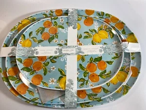 Shabby Chic Melamine Platter Set of 3 Fruit Oranges Lemons Citrus on Blue NIP - Picture 1 of 4