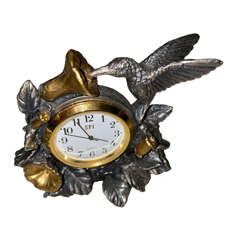 Hummingbird Desk Clock Vintage Japan Heavy Metal Fresh Battery SPI Pewter Floral Cover