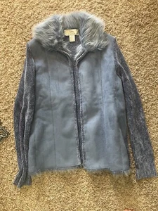 Lisa International Womens Coat Small Light Blue Boiled Fur Collar Full Zip - Picture 1 of 5