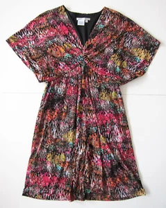 Maggie London Pink Black Green Abstract Stretch V-Neck Empire Waist Dress 10 - Picture 1 of 9
