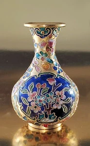 Vaso CLOISONNE in ottone e smalto blu cobalto, fiori, strass gioielli dolce! - Foto 1 di 5