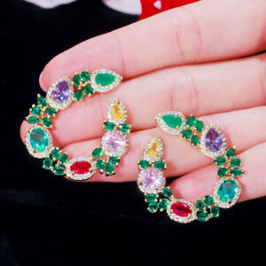 Luxury Fashion Yellow Gold Plated Green Flower Leaf Big Round Earrings for Women