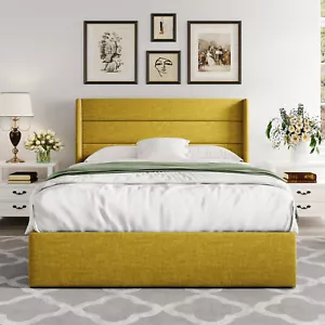 Sifurni Lift Up Storage Bed, Modern Wingback Headboard, Olive Yellow [All Size] - Picture 1 of 33