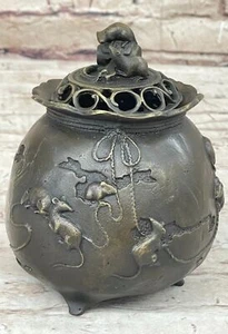 Rata quemador de incienso con tapas de bronce chino japonés vintage, firmado por Milo - Imagen 1 de 10