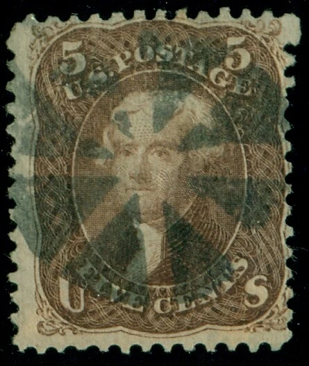 US #95, 5¢ brown, used w/fancy cancel, F/VF, scarce stamp Miller cert Scott $850 - Image 1 of 1
